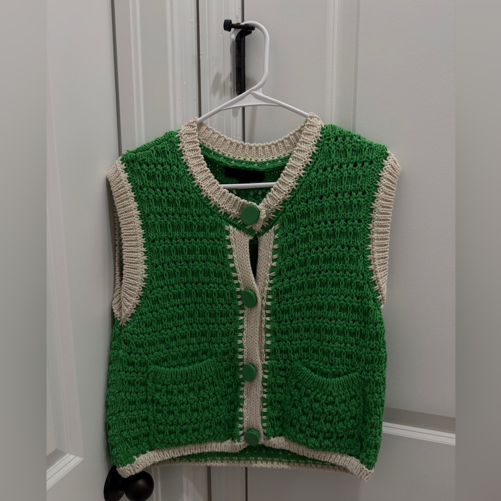 Zara Green Crochet Button Vest with Cream Trim